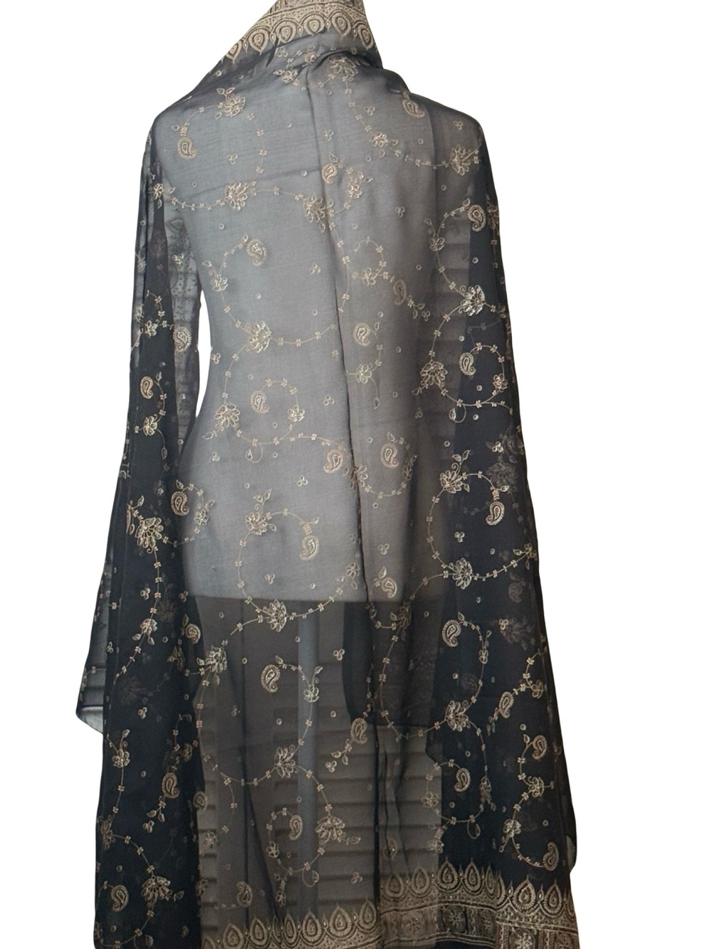 Boho Whimsigoth Fairy Black Sheer Scarf with Gold Paisley Accents